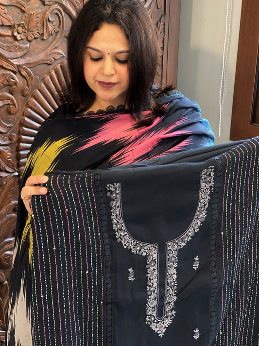 Black Suit Set with Sequin and Knot handwork in Mul Chanderi - Masakalee