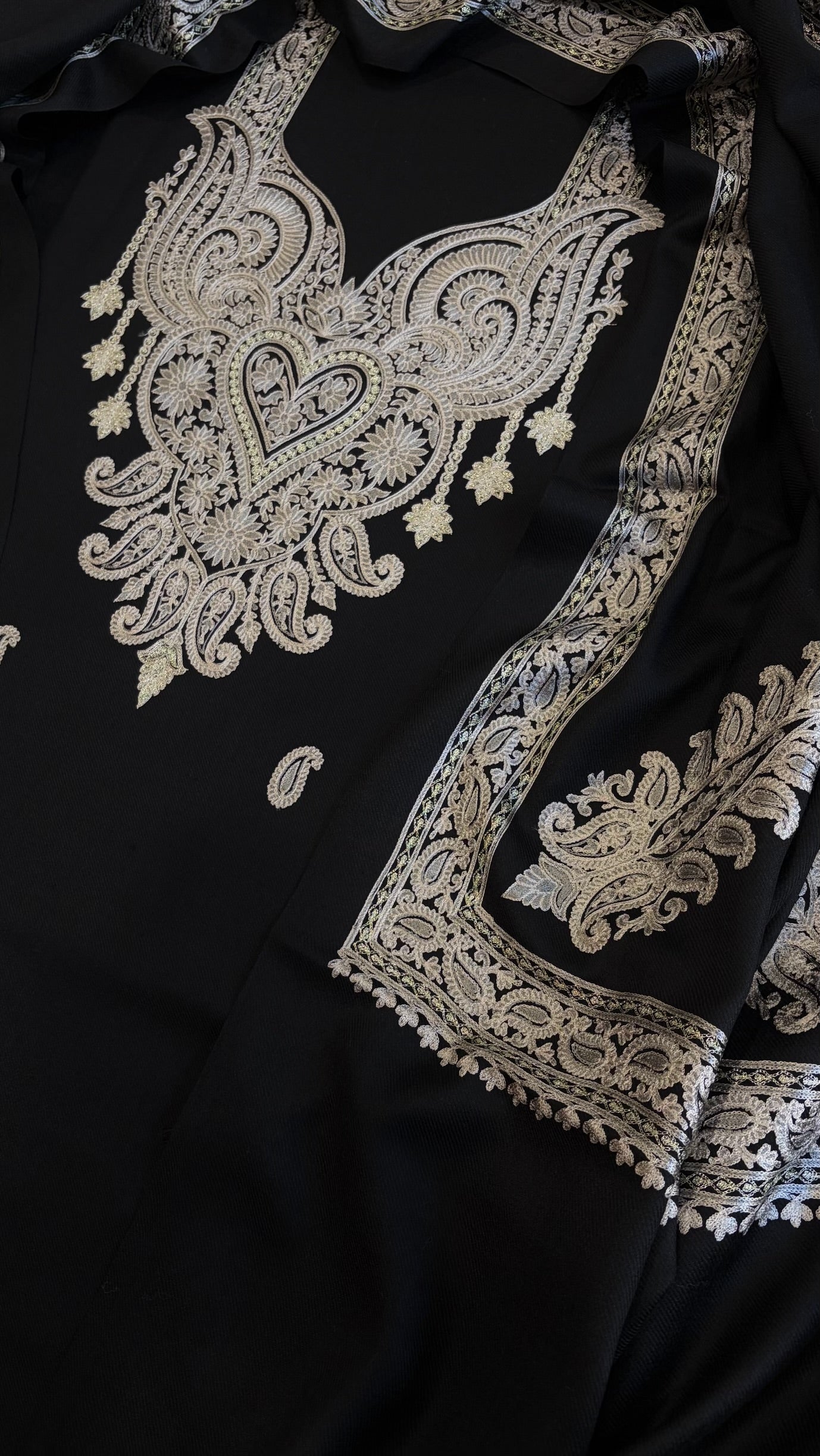 Black Winter Suit Set with Aari Work in Pashmina Wool - Masakalee