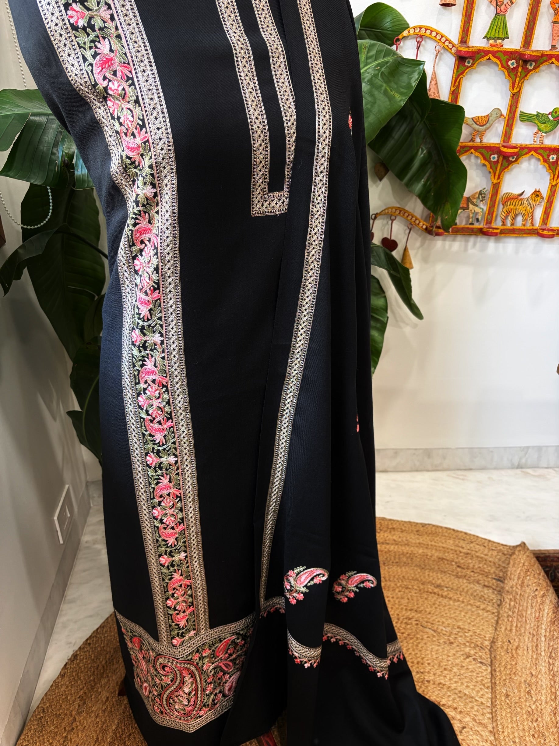 Black Winter Suit Set with Aari Work in Pashmina Wool - Masakalee