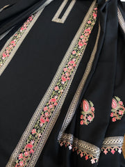 Black Winter Suit Set with Aari Work in Pashmina Wool - Masakalee