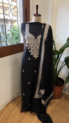 Black Winter Suit Set with Aari Work in Pashmina Wool - Masakalee