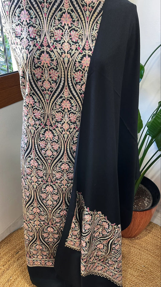 Black Winter Suit Set with Aari Work in Pashmina Wool - Masakalee