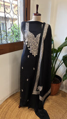 Black Winter Suit Set with Aari Work in Pashmina Wool - Masakalee