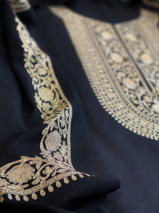 Black Winter Suit Set with Aari Work in Pashmina Wool - Masakalee