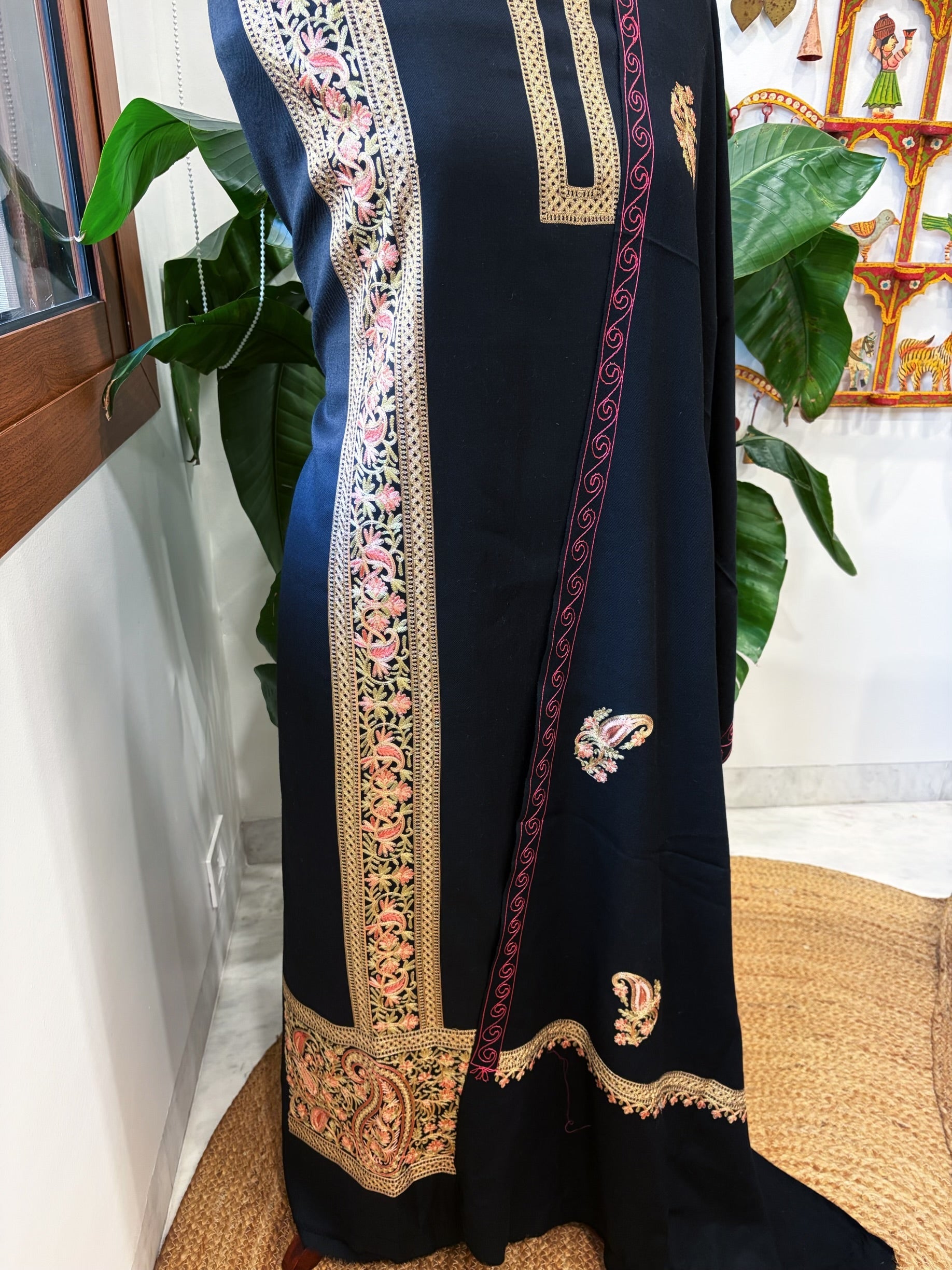 Black Winter Suit Set with Aari Work in Pashmina Wool - Masakalee