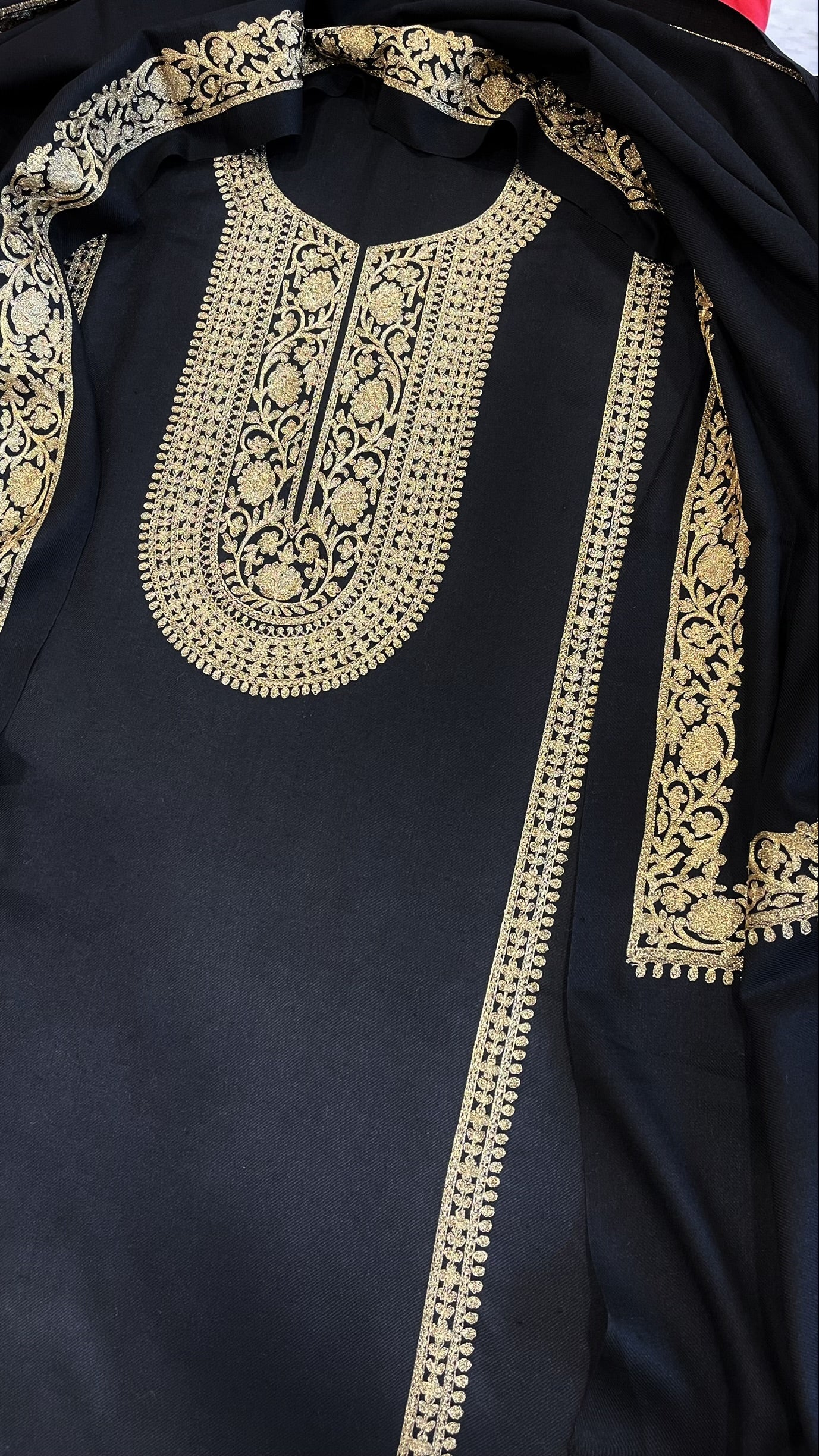 Black Winter Suit Set with Aari Work in Pashmina Wool - Masakalee