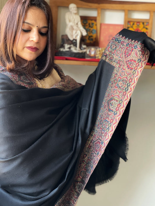 Black Woven Pashmina Shawl with Kaani Zari Border - Masakalee