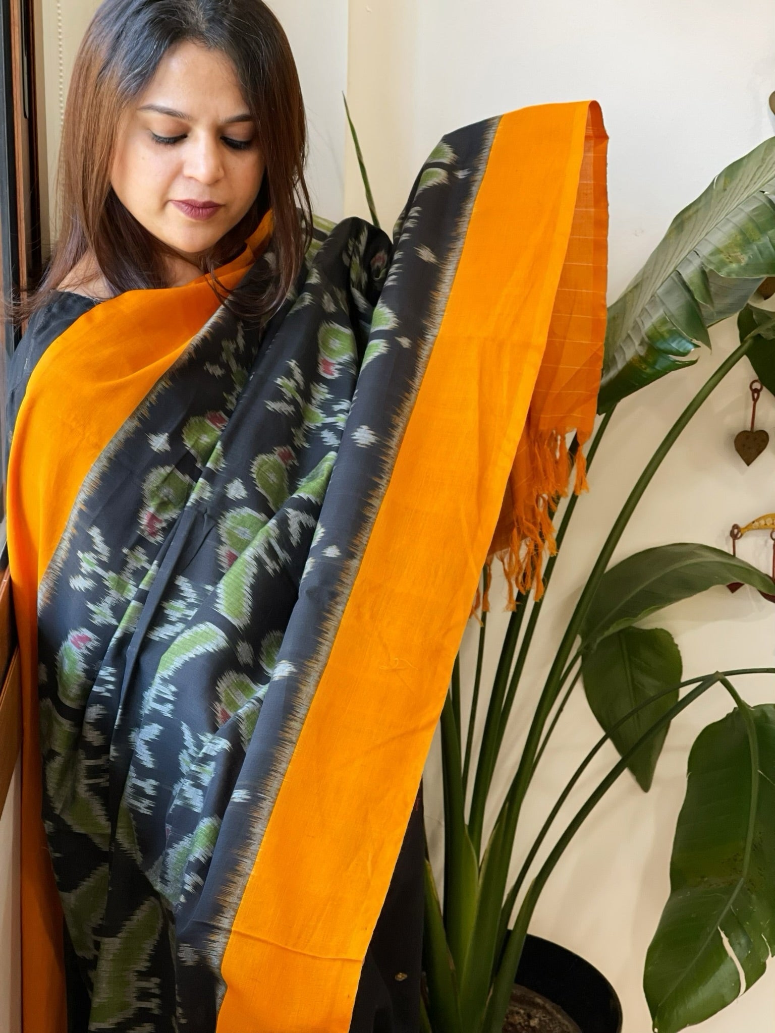 Black, Yellow Handwoven Ikat Dupatta in Cotton - Masakalee