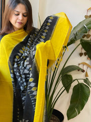 Black, Yellow Handwoven Ikat Dupatta in Cotton - Masakalee
