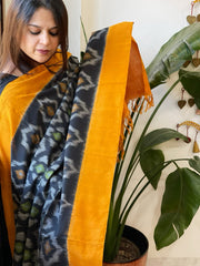 Black, Yellow Handwoven Ikat Dupatta in Cotton - Masakalee