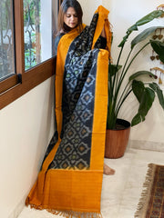 Black, Yellow Handwoven Ikat Dupatta in Cotton - Masakalee