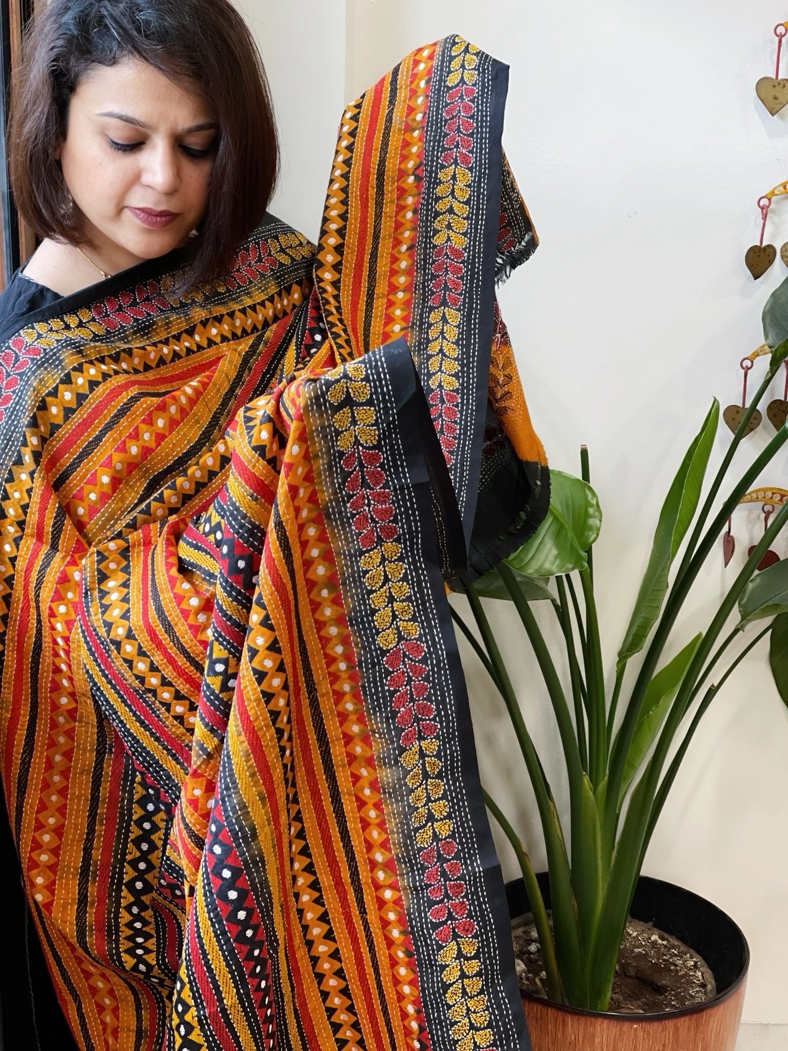 Black,Yellow Handmade Kantha Dupatta in Silk - Masakalee
