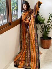 Black,Yellow Handmade Kantha Dupatta in Silk - Masakalee