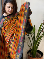 Black,Yellow Handmade Kantha Dupatta in Silk - Masakalee