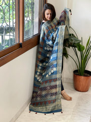 Blue Ajrakh Handblock Printed Organza Crepe Dupatta with Banarasi Border - Masakalee
