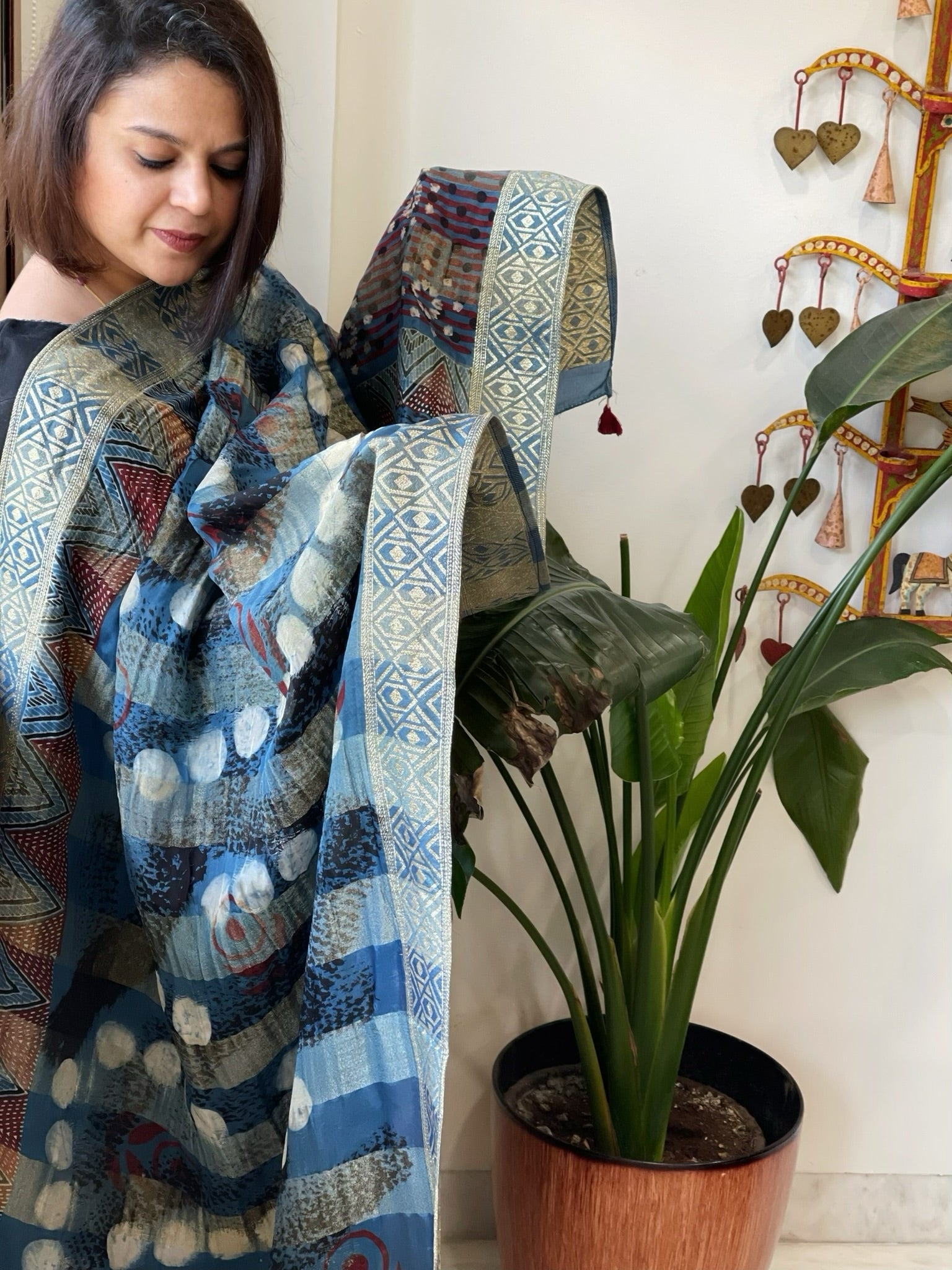 Blue Ajrakh Handblock Printed Organza Crepe Dupatta with Banarasi Border - Masakalee