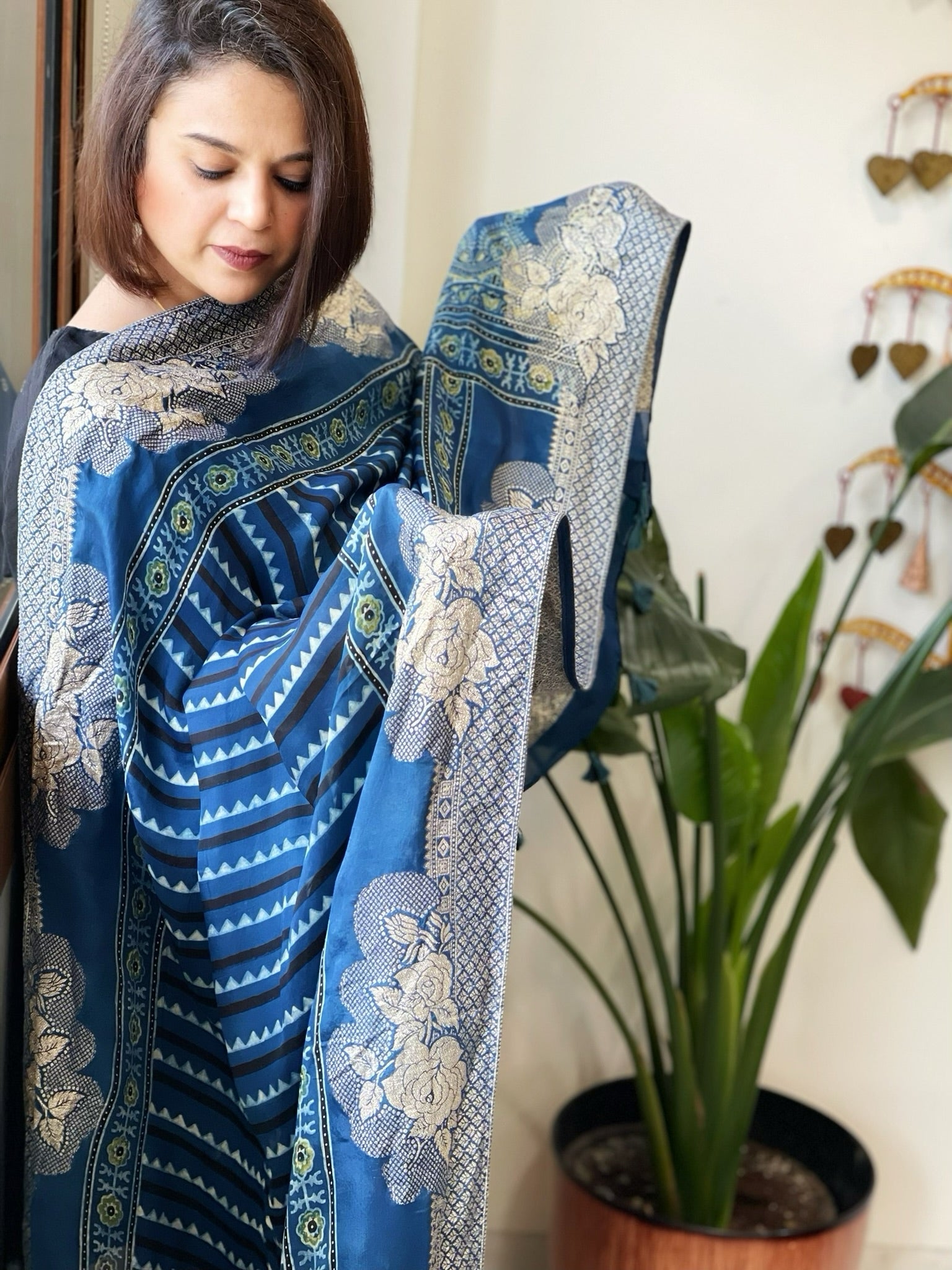 Blue Ajrakh Handblock Printed Organza Crepe Dupatta with Banarasi Border - Masakalee