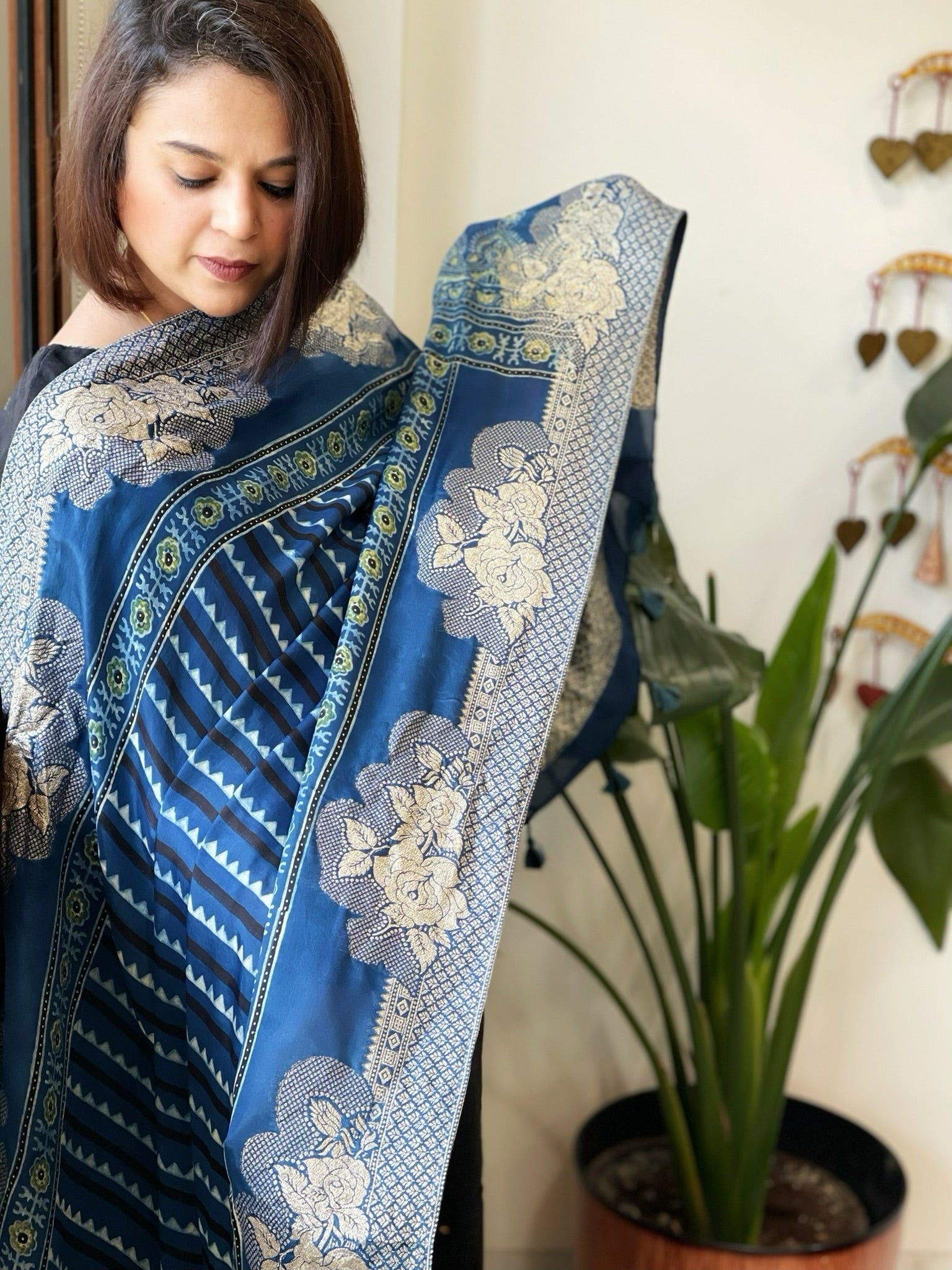Blue Ajrakh Handblock Printed Organza Crepe Dupatta with Banarasi Border - Masakalee