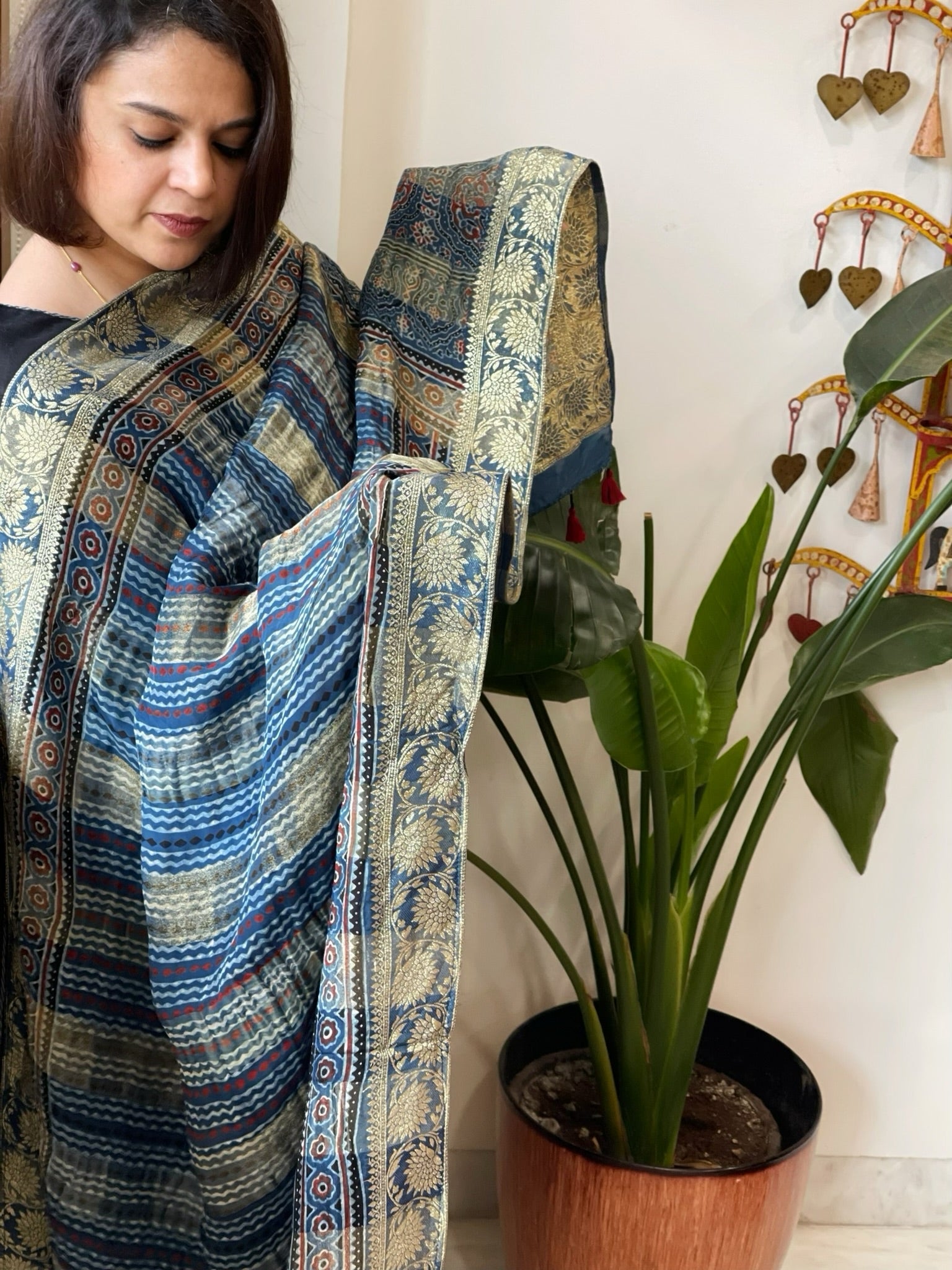 Blue Ajrakh Handblock Printed Organza Crepe Dupatta with Banarasi Border - Masakalee