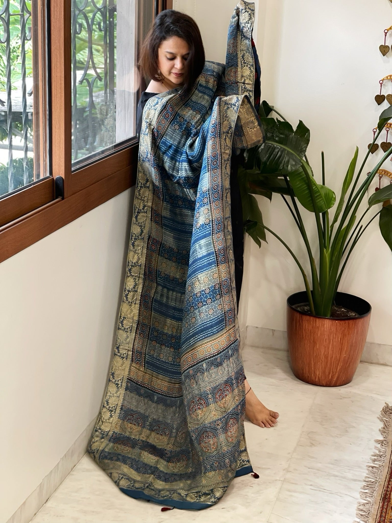 Blue Ajrakh Handblock Printed Organza Crepe Dupatta with Banarasi Border - Masakalee