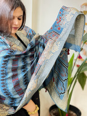 Blue Ajrakh Handblock Printed Organza Dupatta with Banarasi Border - Masakalee