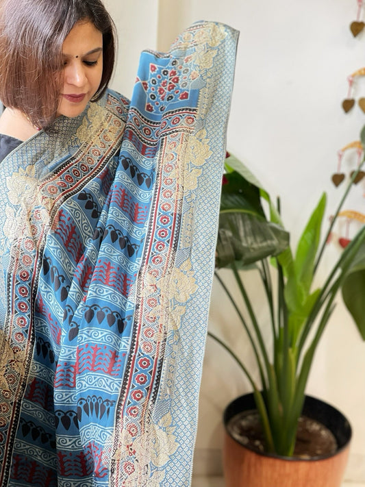 Blue Ajrakh Handblock Printed Organza Dupatta with Banarasi Border - Masakalee