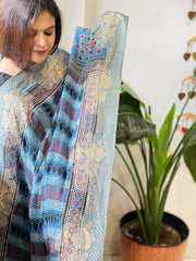 Blue Ajrakh Handblock Printed Organza Dupatta with Banarasi Border - Masakalee