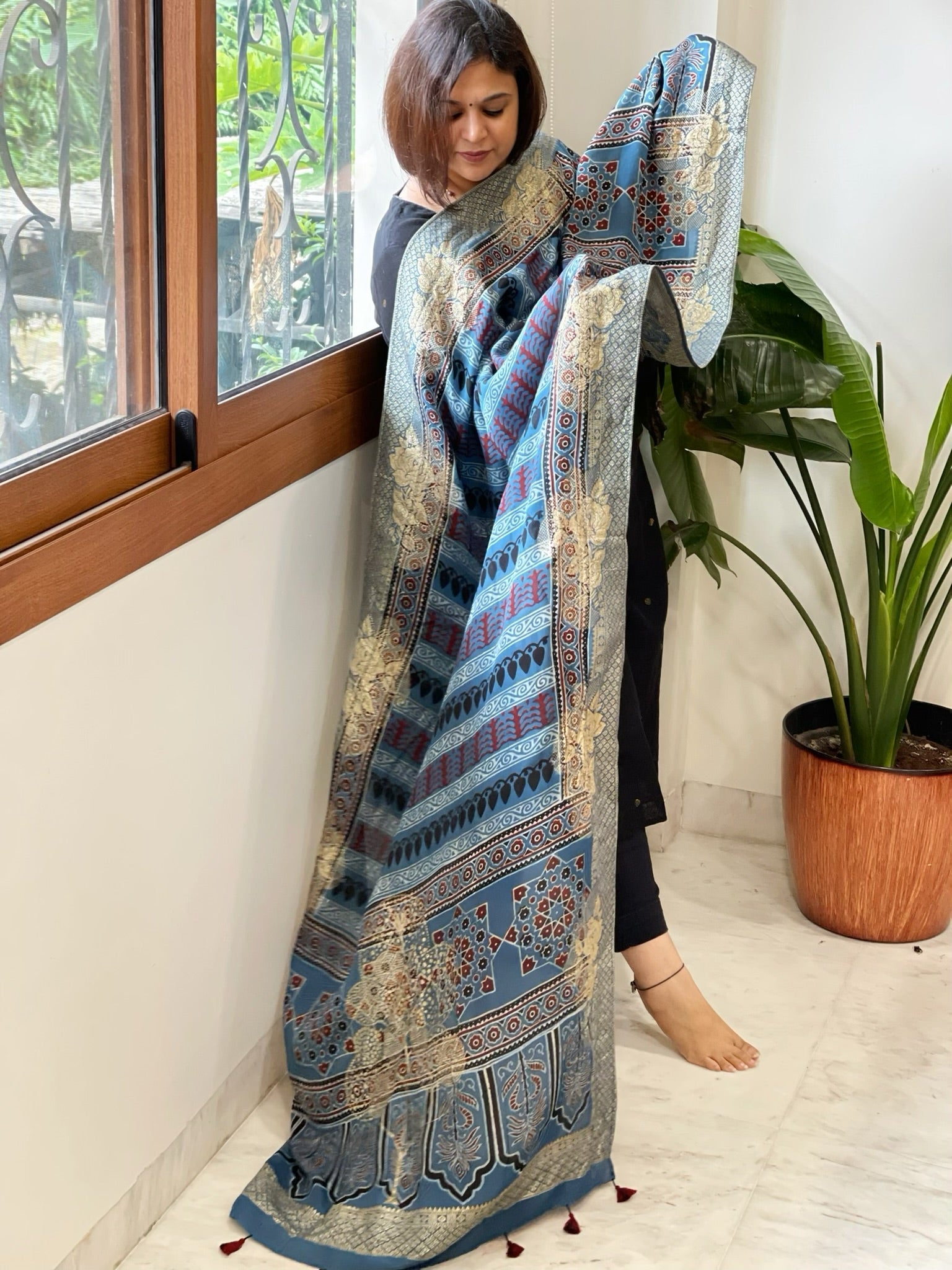 Blue Ajrakh Handblock Printed Organza Dupatta with Banarasi Border - Masakalee