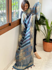 Blue Ajrakh Handblock Printed Organza Dupatta with Banarasi Border - Masakalee