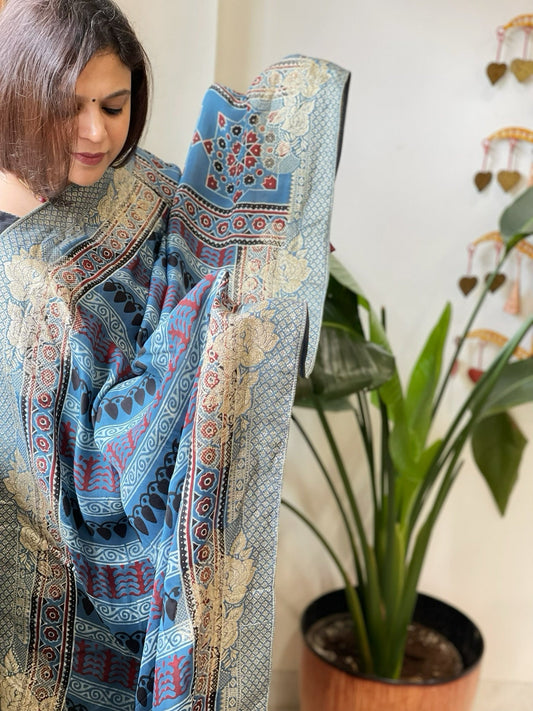 Blue Ajrakh Handblock Printed Organza Dupatta with Banarasi Border - Masakalee