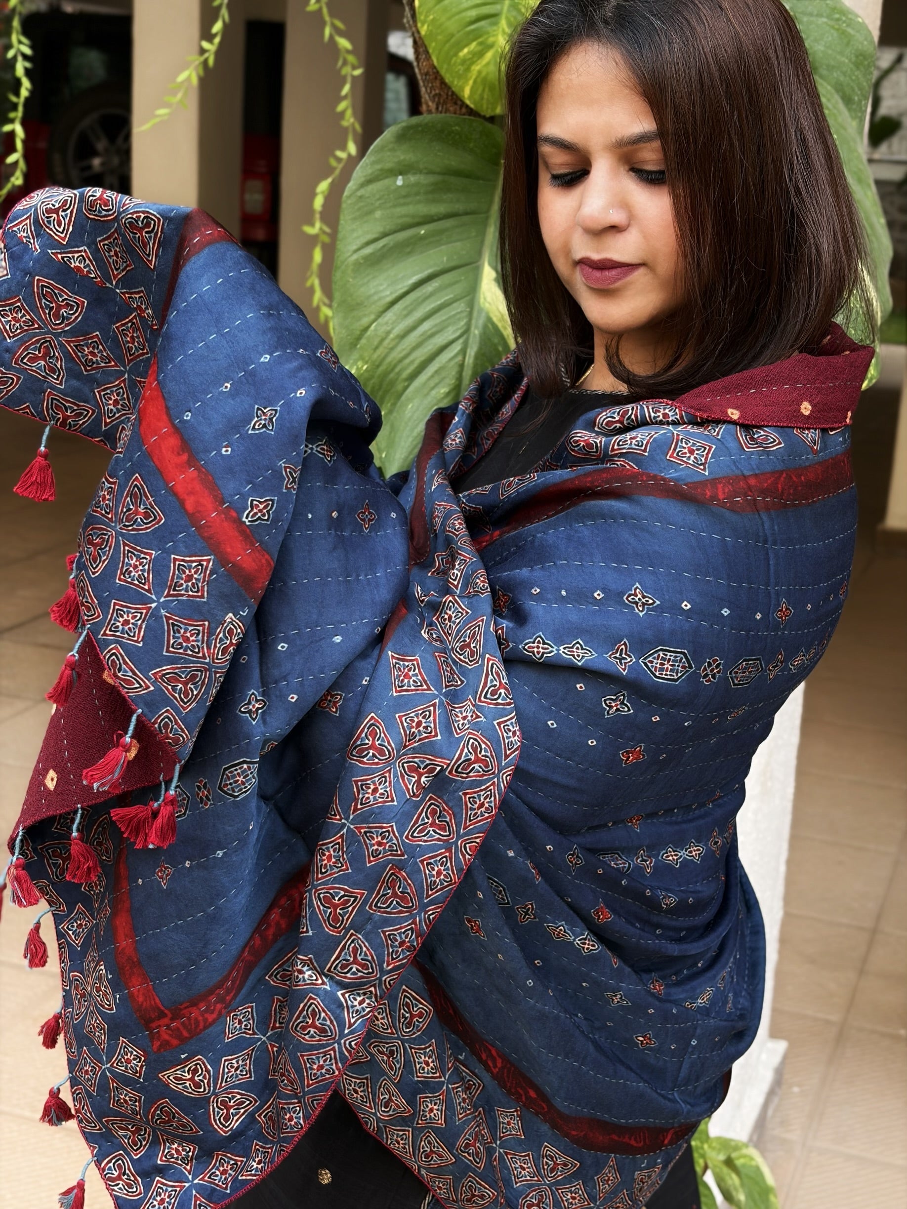 Blue Ajrakh Handblock Printed Silk - Woollen Shawl - Masakalee