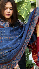 Blue Ajrakh Handblock Printed Silk - Woollen Shawl - Masakalee