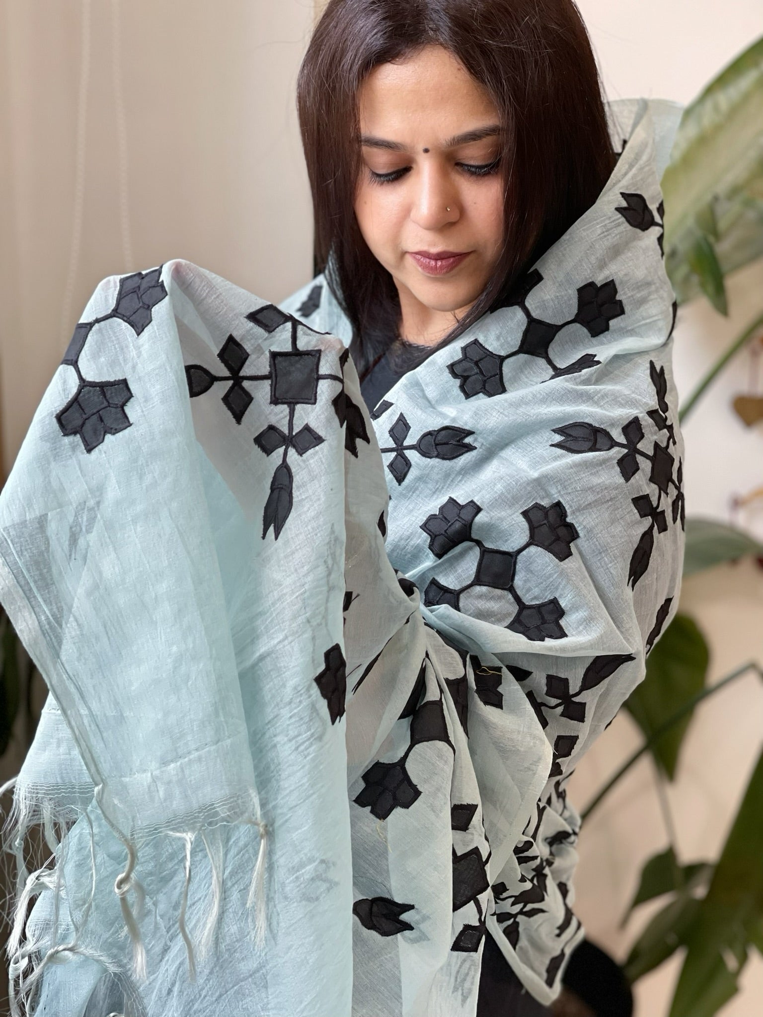 Blue Applique handwork Dupatta in Mul Chanderi - Masakalee