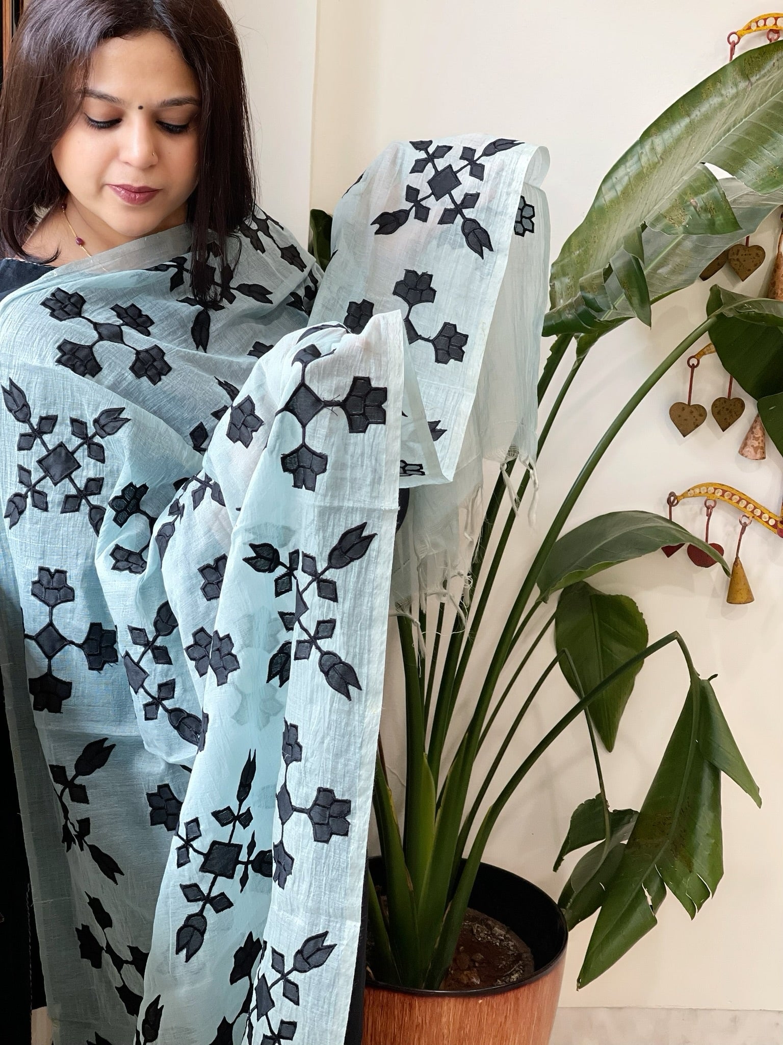 Blue Applique handwork Dupatta in Mul Chanderi - Masakalee