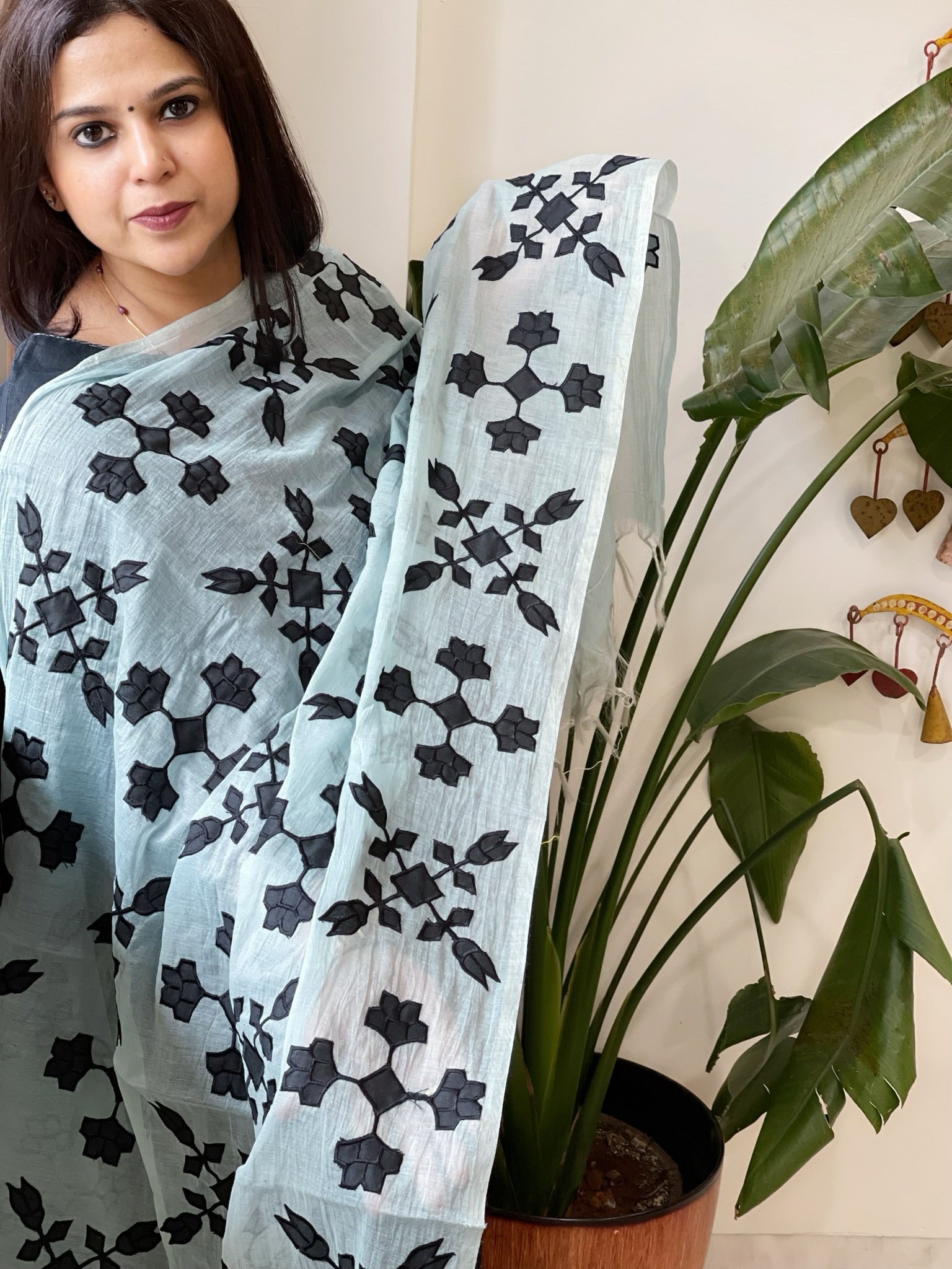 Blue Applique handwork Dupatta in Mul Chanderi - Masakalee