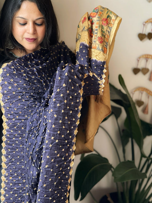 Blue Bandhani Dupatta with Handpainted Madhubani Pallu in Modal Silk - Masakalee