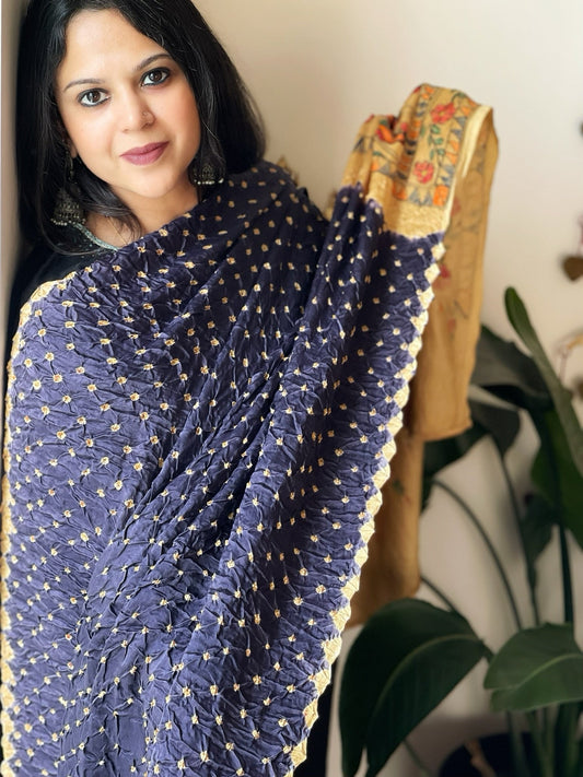 Blue Bandhani Dupatta with Handpainted Madhubani Pallu in Modal Silk - Masakalee
