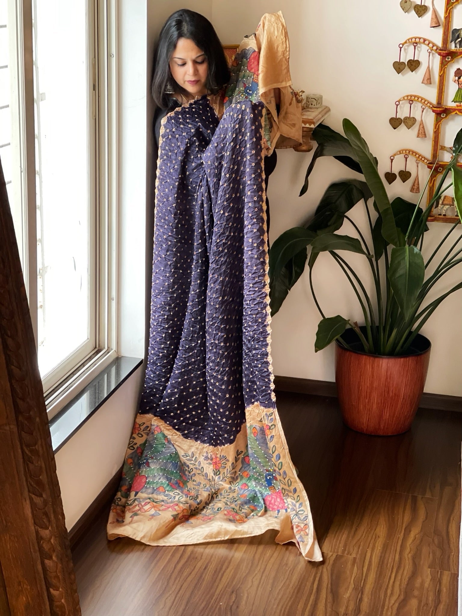 Blue Bandhani Dupatta with Handpainted Madhubani Pallu in Modal Silk - Masakalee