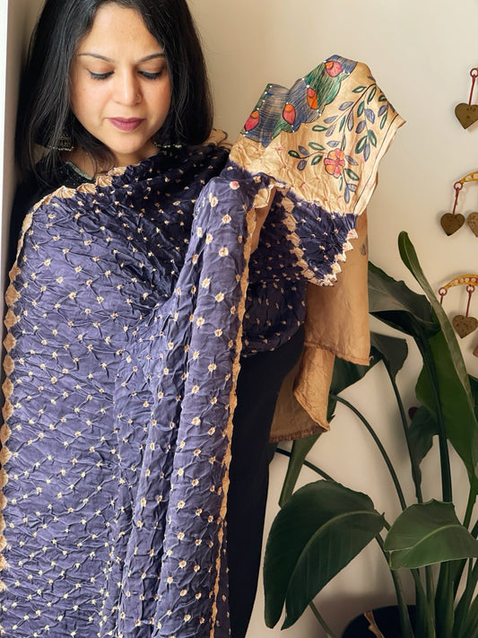 Blue Bandhani Dupatta with Handpainted Madhubani Pallu in Modal Silk - Masakalee