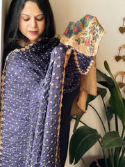 Blue Bandhani Dupatta with Handpainted Madhubani Pallu in Modal Silk - Masakalee