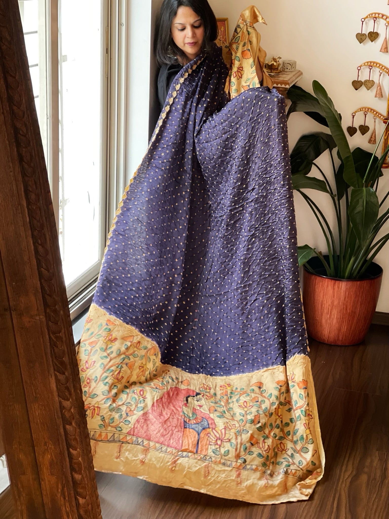 Blue Bandhani Dupatta with Handpainted Madhubani Pallu in Modal Silk - Masakalee