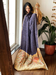 Blue Bandhani Dupatta with Handpainted Madhubani Pallu in Modal Silk - Masakalee