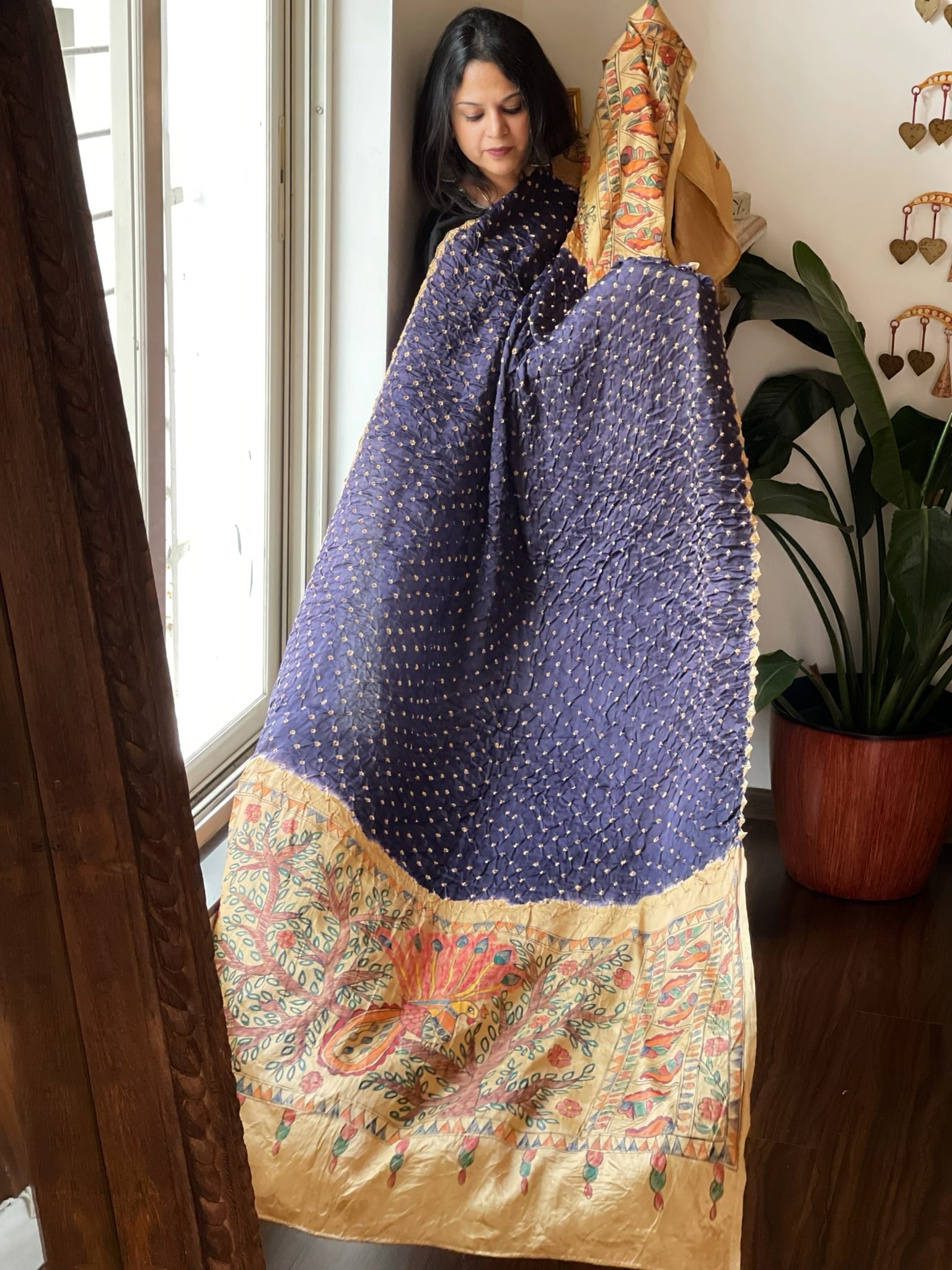 Blue Bandhani Dupatta with Handpainted Madhubani Pallu in Modal Silk - Masakalee
