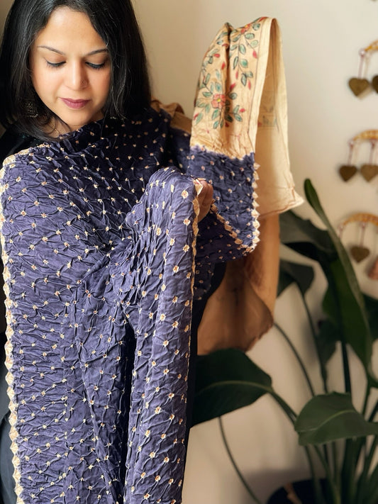 Blue Bandhani Dupatta with Handpainted Madhubani Pallu in Modal Silk - Masakalee