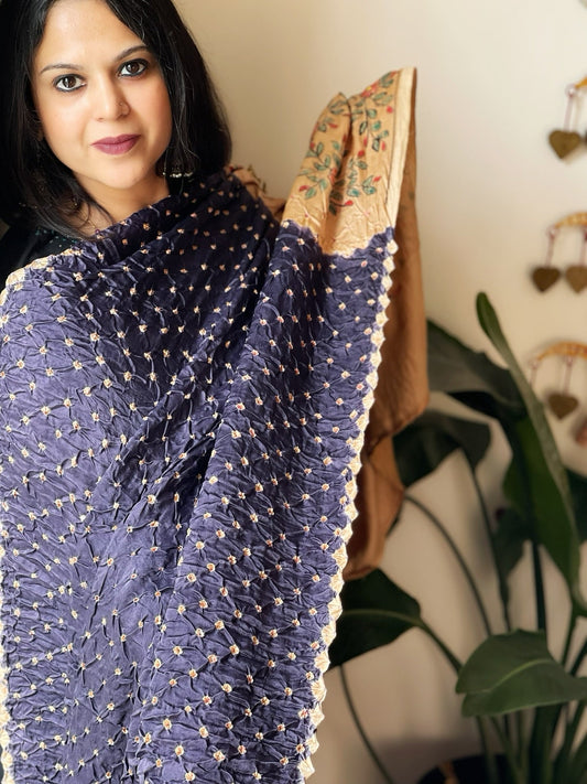 Blue Bandhani Dupatta with Handpainted Madhubani Pallu in Modal Silk - Masakalee