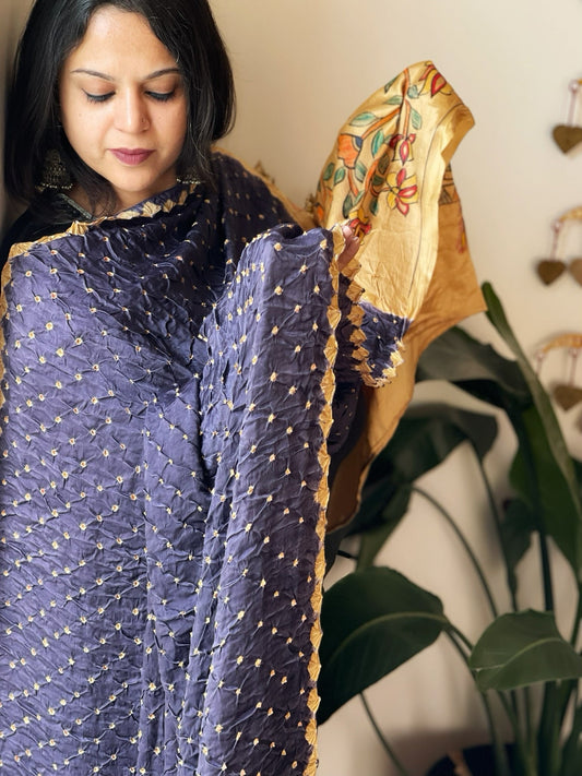 Blue Bandhani Dupatta with Handpainted Madhubani Pallu in Modal Silk - Masakalee