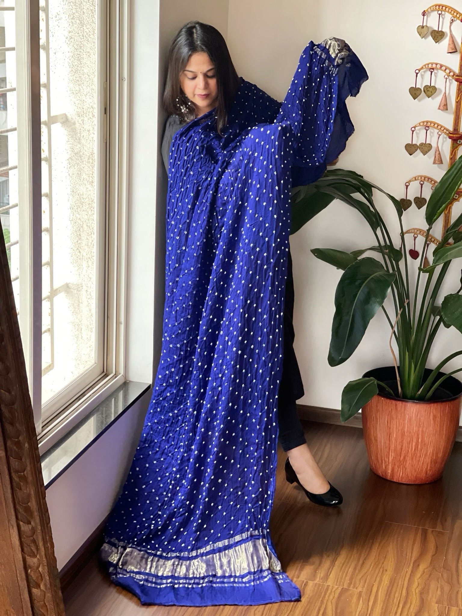 Blue Bandhani Dupatta with Zari Pallu in Modal Silk - Masakalee