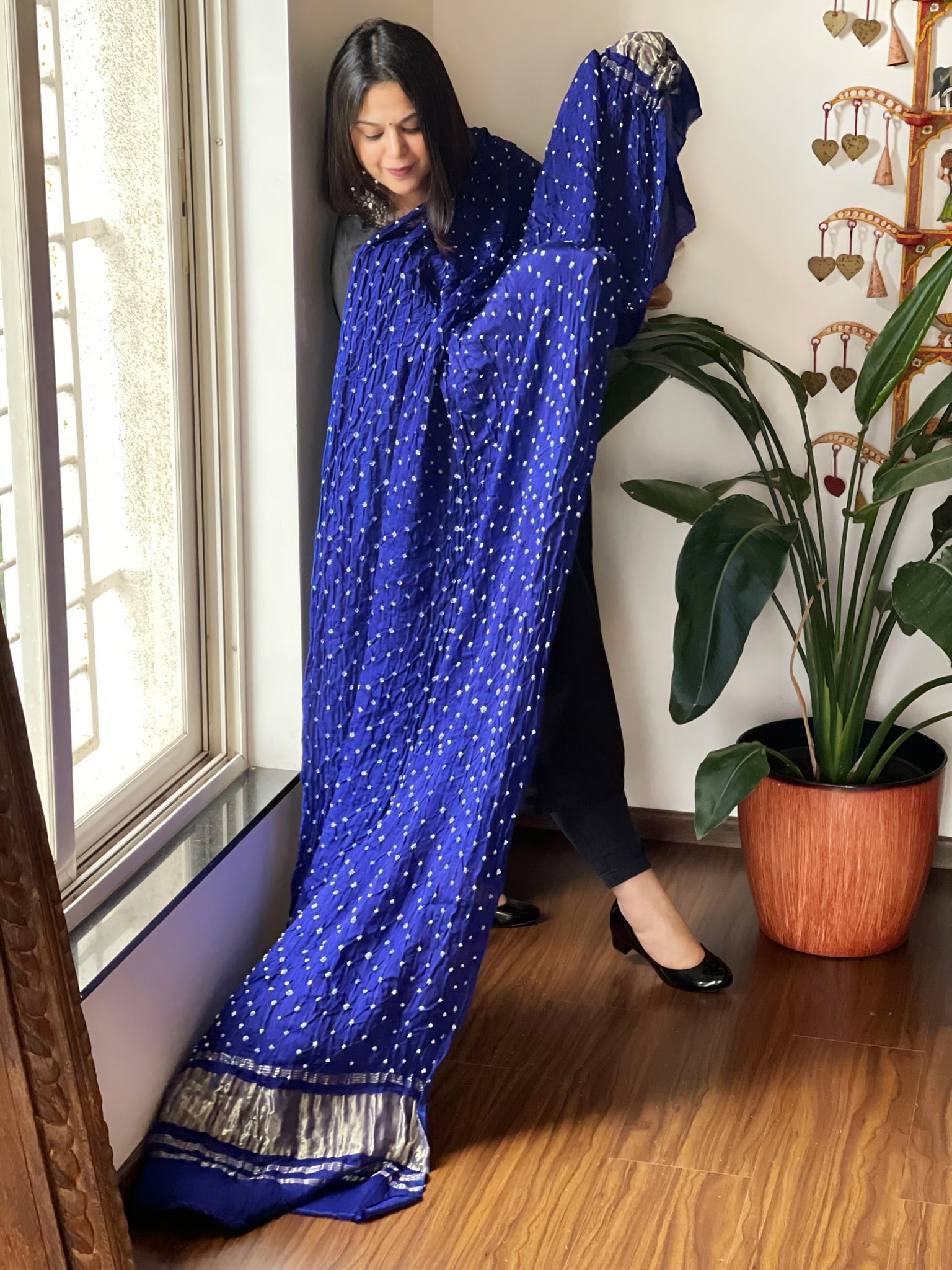 Blue Bandhani Dupatta with Zari Pallu in Modal Silk - Masakalee