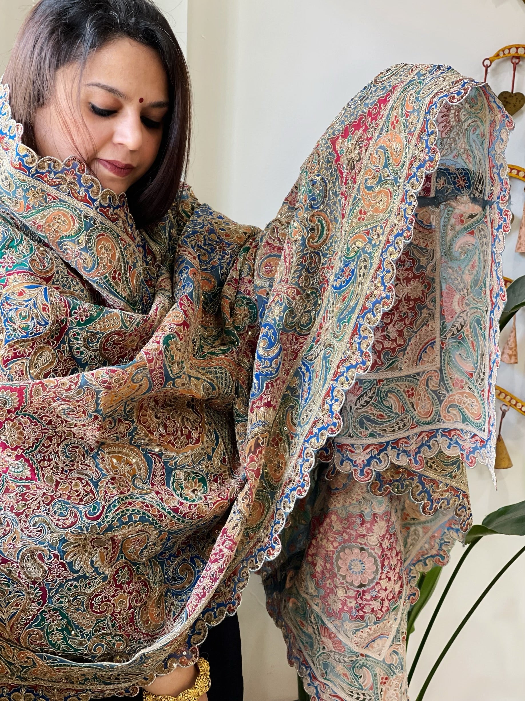 Blue Chinon Dupatta with Aari Embroidery - Masakalee