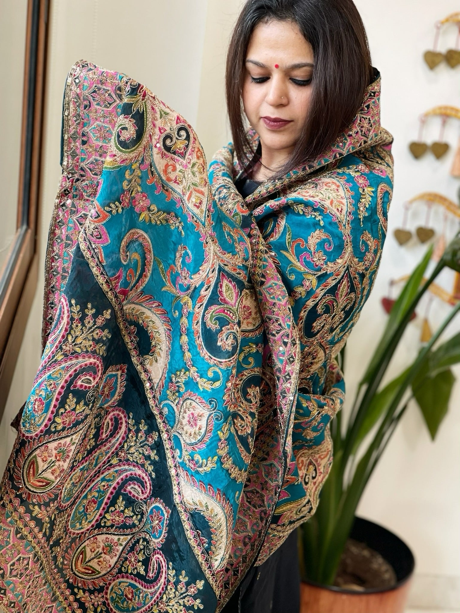 Blue Chinon Dupatta with Aari Embroidery - Masakalee